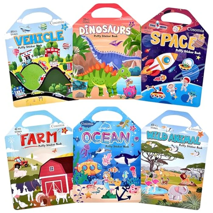 6 Set Puffy Sticker Books Activity for Kids, Animal, Farm, Dinosaurs, Space, Vehicle, Ocean, 3D Reusable Stickers Books for Boys and Girls by Cosomia - Used - Good condition - CA$15.19
