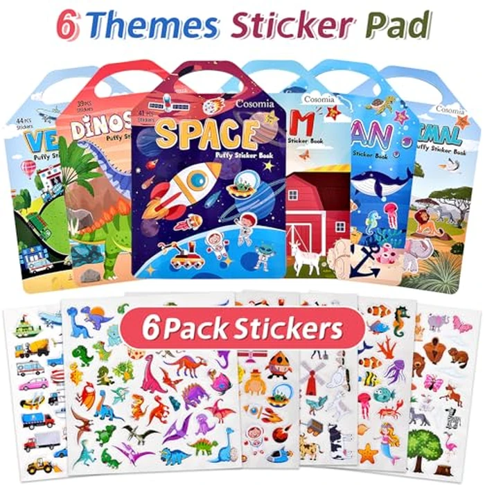 6 Set Puffy Sticker Books Activity for Kids, Animal, Farm, Dinosaurs, Space, Vehicle, Ocean, 3D Reusable Stickers Books for Boys and Girls by Cosomia - Image 2