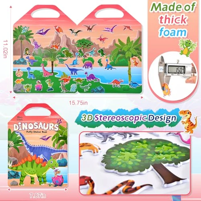 6 Set Puffy Sticker Books Activity for Kids, Animal, Farm, Dinosaurs, Space, Vehicle, Ocean, 3D Reusable Stickers Books for Boys and Girls by Cosomia - Image 4
