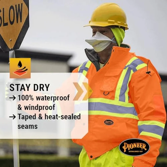 Pioneer Hi Vis Safety Bomber for Men - Waterproof Winter Jacket with Reflective Tape - Rated to -21 degreesC - ANSI Class 3 - Orange by Pioneer - Image 2