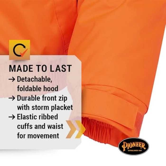 Pioneer Hi Vis Safety Bomber for Men - Waterproof Winter Jacket with Reflective Tape - Rated to -21 degreesC - ANSI Class 3 - Orange by Pioneer - Image 5
