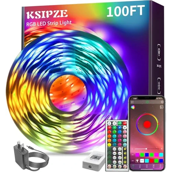 KSIPZE 100ft Led Strip Lights RGB Music Sync Color Changing Led Lights with Smart App Control Remote Led Lights for Bedroom Room Lighting Flexible Home Décor by KSIPZE - Image 1