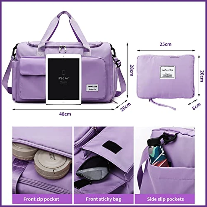 Aedcbaide Travel Bag for Women Men,Waterproof Gym Bag with Shoe Compartment,Lightweight Foldable Duffel Bag,Storage Bag,Dry and Wet Organiser Bag,Large Weekend Bag for Sport Travel (Purple) by Aedcbaide - Image 3