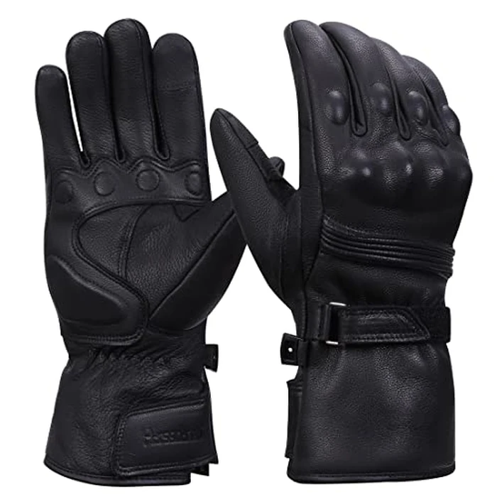 Harssidanzar Winter Motorcycle Gloves, Mens Long Gauntlet Leather Full Finger Touchscreen Thermal Lined with Thinsulate Waterproof Motorcycles Gloves KM048,Black,Size M by Harssidanzar - Image 1