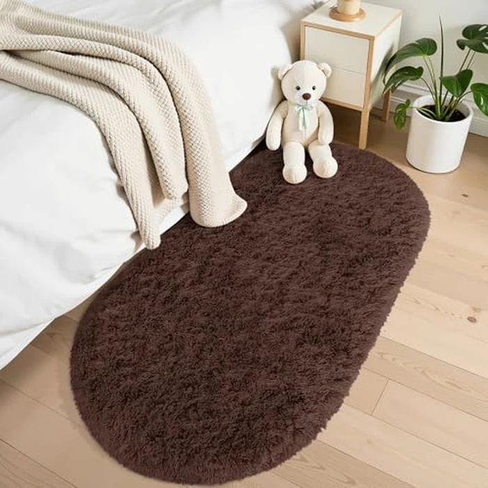 OLANLY Fluffy Soft Area Rugs for Bedroom, 2.6x5.3 Feet Machine Washable Oval Rug, Non-Slip Beside Carpet for Kids Room, Playroom, Nursery, Dorms, Home Decors, Coffee by OLANLY - Image 1