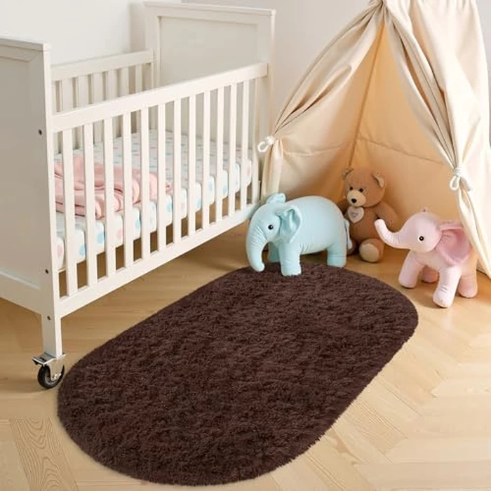 OLANLY Fluffy Soft Area Rugs for Bedroom, 2.6x5.3 Feet Machine Washable Oval Rug, Non-Slip Beside Carpet for Kids Room, Playroom, Nursery, Dorms, Home Decors, Coffee by OLANLY - Image 9