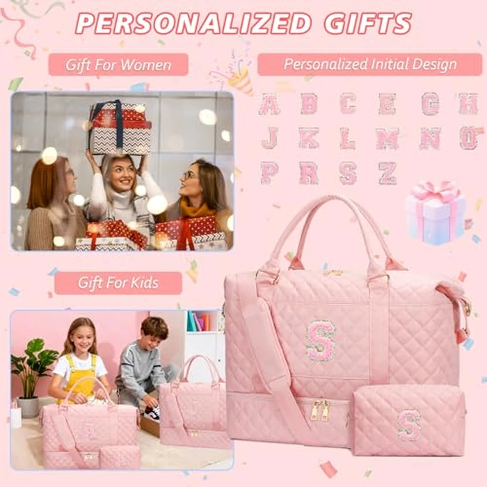 CLOUDWINGS Gifts for Women Girls Initial Travel Duffle Bag Quilted Weekender Carry-On Overnight with Cosmetic Bag, Gym Bag with Shoe Compartment, Pink S by CLOUDWINGS - Image 3