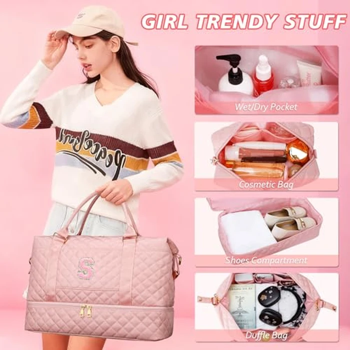 CLOUDWINGS Gifts for Women Girls Initial Travel Duffle Bag Quilted Weekender Carry-On Overnight with Cosmetic Bag, Gym Bag with Shoe Compartment, Pink S by CLOUDWINGS - Image 5