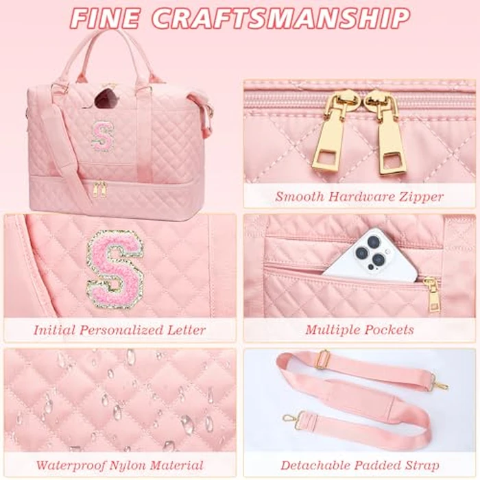 CLOUDWINGS Gifts for Women Girls Initial Travel Duffle Bag Quilted Weekender Carry-On Overnight with Cosmetic Bag, Gym Bag with Shoe Compartment, Pink S by CLOUDWINGS - Image 6
