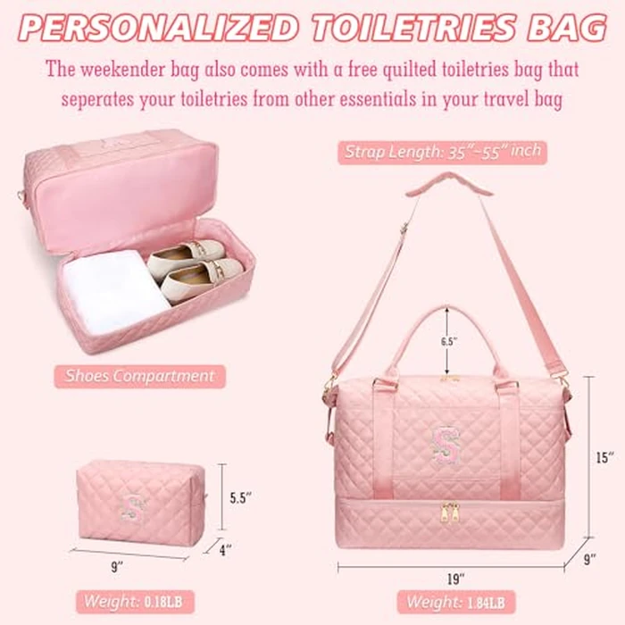 CLOUDWINGS Gifts for Women Girls Initial Travel Duffle Bag Quilted Weekender Carry-On Overnight with Cosmetic Bag, Gym Bag with Shoe Compartment, Pink S by CLOUDWINGS - Image 7