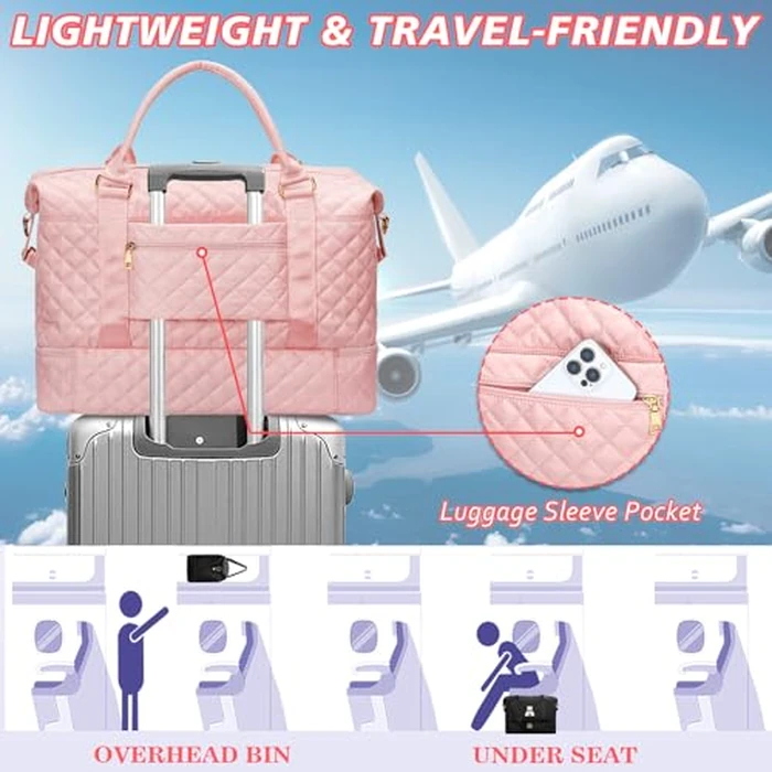 CLOUDWINGS Gifts for Women Girls Initial Travel Duffle Bag Quilted Weekender Carry-On Overnight with Cosmetic Bag, Gym Bag with Shoe Compartment, Pink S by CLOUDWINGS - Image 8