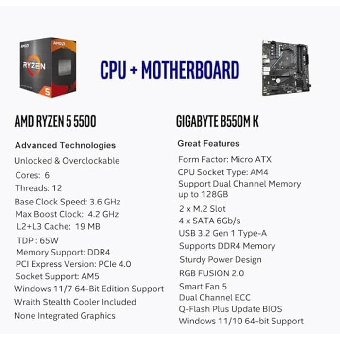 Micro Center AMD Ryzen 5 5500 Desktop Processor with GIGABYTE B550M K Motherboard (Micro-ATX, DDR4, Dual M.2, SATA 6Gb/s, PCIe 4.0) by INLAND - Image 2