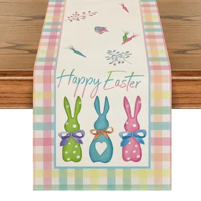 Artoid Mode Green Blue Pink Buffalo Plaid Bunny Rabbit Happy Easter Table Runner, Kitchen Dining Table Decoration for Home Party Decor 13x120 Inch by Artoid Mode - Image 1