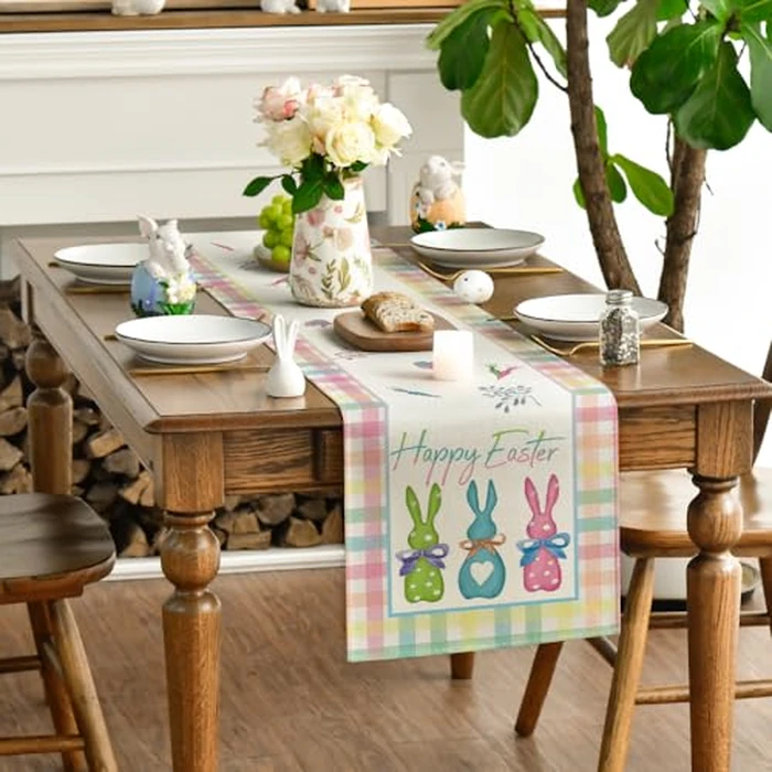 Artoid Mode Green Blue Pink Buffalo Plaid Bunny Rabbit Happy Easter Table Runner, Kitchen Dining Table Decoration for Home Party Decor 13x120 Inch by Artoid Mode - Image 3