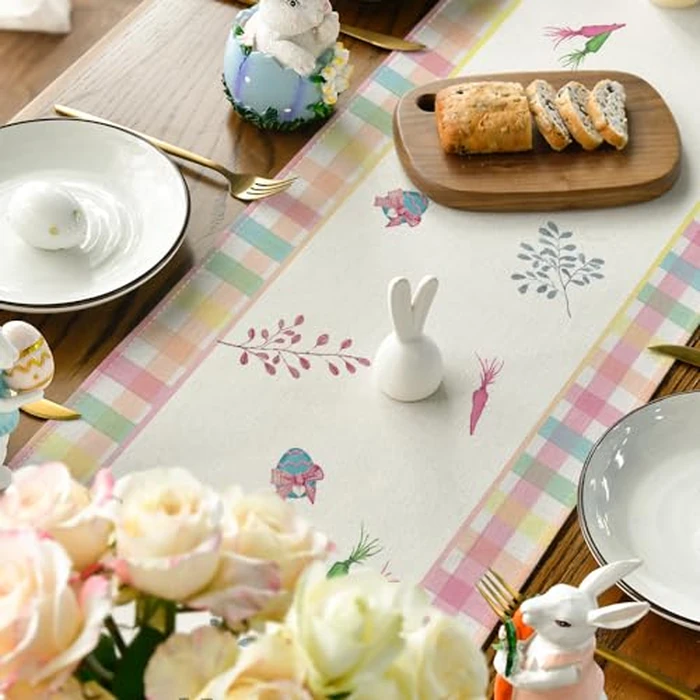 Artoid Mode Green Blue Pink Buffalo Plaid Bunny Rabbit Happy Easter Table Runner, Kitchen Dining Table Decoration for Home Party Decor 13x120 Inch by Artoid Mode - Image 4