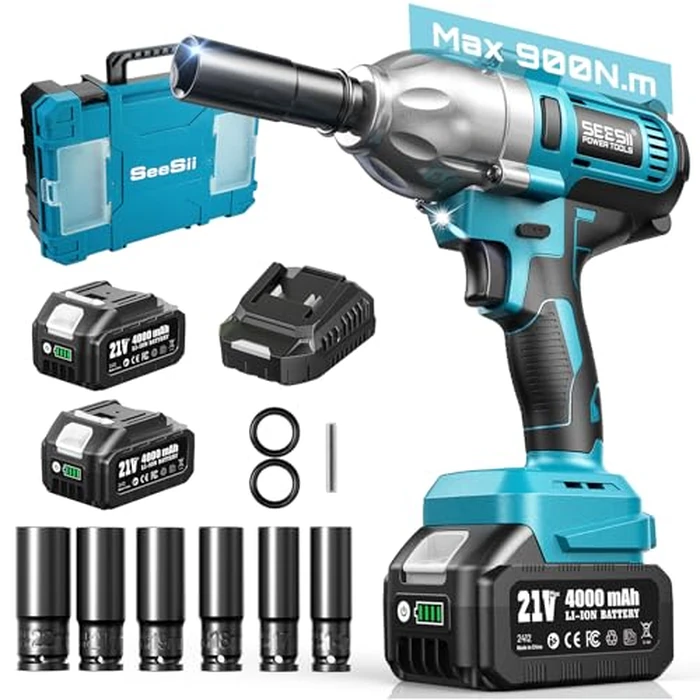 SEESII Cordless Impact Wrench, 665ft-lbs(900N.m) High Torque Impact Wrench, 1/2 inch Impact Gun Brushless w/ 2X 4.0Ah Battery, Charger & 6 Sockets, Electric Impact Wrench for Car Tire Home, WH9 Pro by Seesii - Used - Very Good condition