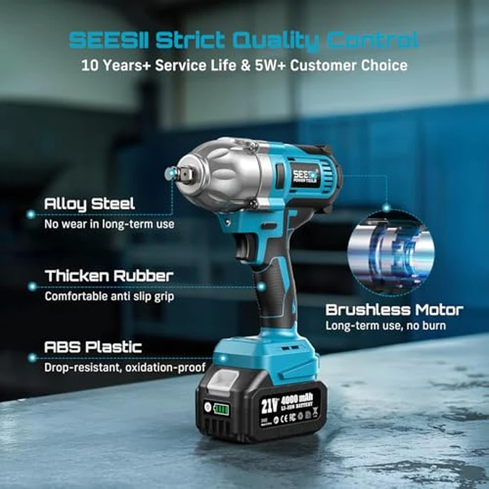 SEESII Cordless Impact Wrench, 665ft-lbs(900N.m) High Torque Impact Wrench, 1/2 inch Impact Gun Brushless w/ 2X 4.0Ah Battery, Charger & 6 Sockets, Electric Impact Wrench for Car Tire Home, WH9 Pro by Seesii - Image 6