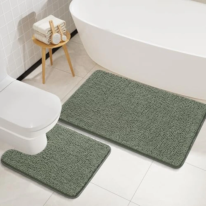 LOCHAS Bathroom Rugs Sets 2 Piece, Soft Non Slip Bath Mat Set, 20''x20'' U-Shaped Toilet Rug and 34''x21'' Sage Green Bath Rugs, Washable Absorbent Chenille Toilet Rug Set for Bathroom, Shower by LOCHAS - Image 1