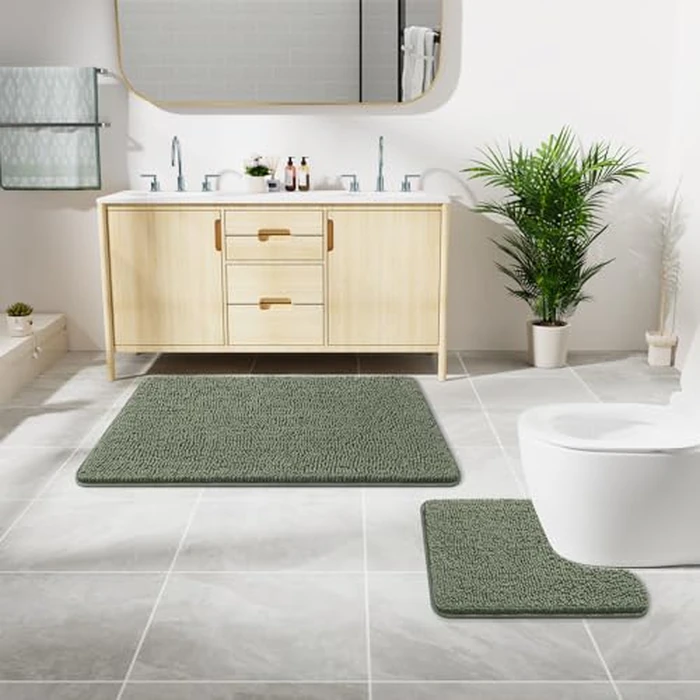 LOCHAS Bathroom Rugs Sets 2 Piece, Soft Non Slip Bath Mat Set, 20''x20'' U-Shaped Toilet Rug and 34''x21'' Sage Green Bath Rugs, Washable Absorbent Chenille Toilet Rug Set for Bathroom, Shower by LOCHAS - Image 8