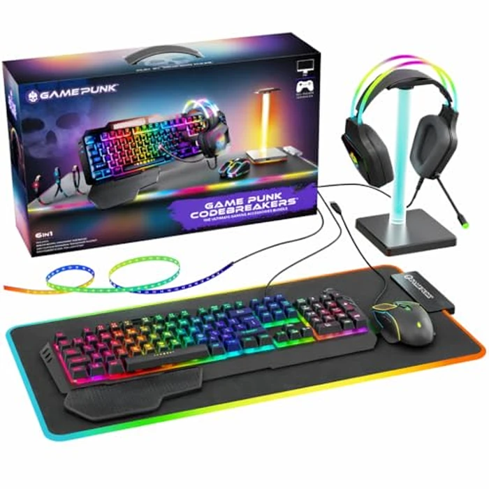 Game Punk Codebreakers PC Gaming Bundle - Includes Keyboard, Mouse, Headset, LED XL Mouse Pad, Stand, RGB Light Strip - 6-in-1 PC Gaming Accessory Bundle by GAME PUNK - Used - Like New condition