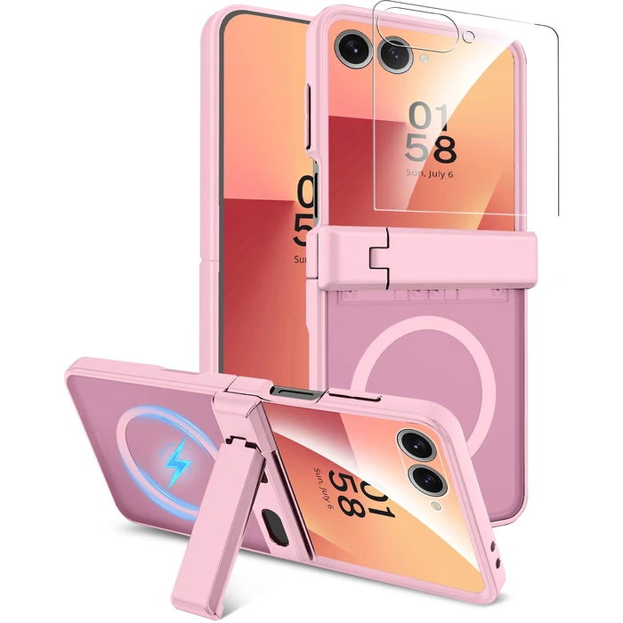 Miimall for Samsung Z Flip 7 Case with Screen Protector [Compatible with Mag Safe] Hinge Protector with Kickstand Non Slip Translucent Matte Magnetic Cases for Galaxy Z Flip 7 Cover Cute Pink by Miimall - Used - Good condition