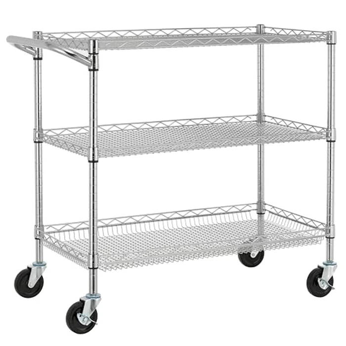 Finnhomy 3 Tier Heavy Duty Commercial Grade Utility Cart, Wire Rolling Cart with Pushing Handle Bar, Steel Metal Kitchen Service Trolly with Wheels, Shelf Size 18" D x 36" W, NSF, Chrome by Finnhomy - Used - Acceptable condition - US$58.28
