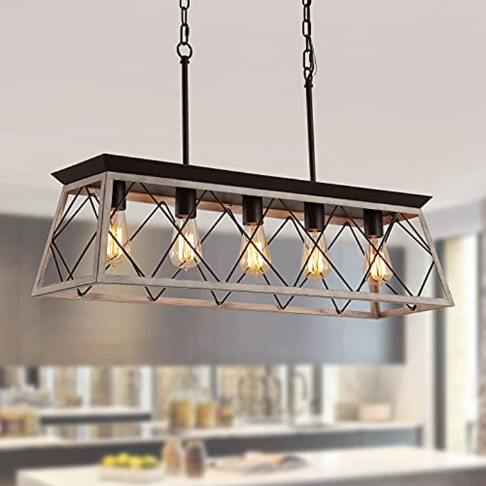 Q&S Dining Room Chandelier Light Fixtures,Farmhouse Rustic Vintage Antique Linear Chandeliers Pendant Ceiling Light Fixture for Kitchen Island Bar Office Coffee Shop 5-Lights Oak and ORB UL Listed by Q&S - Used - Very Good condition - US$147.89