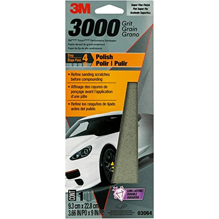 3M Performance 3000 Grit Sandpaper, 3-2/3 in x 9 in, Polish Clear Coat and Paint, Restore Shine, Ideal for Detailed Finishing and Polishing, Very Fine Grade Abrasive for Refined Finishes (03064) by 3M - Used - Like New condition