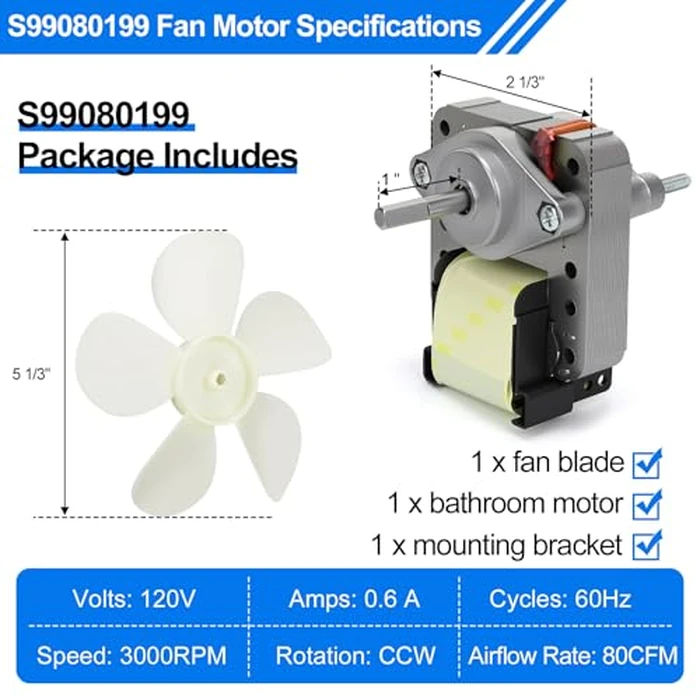 S99080199 Bathroom Exhaust Motor - 80 CFM, 4.0 Sones Powerful Vent Fan Motor, Attic Fan Motor Replacement for 512, 512M, 673, 673-C, 8870, Bathroom Fan Motor Replacement 99080199 by EJVFN - Image 2