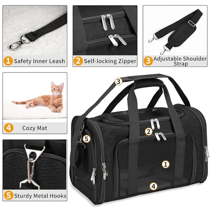 Soft-Sided Cat/Dog/Pet Carrier, Collapsible Pets Travel Carriers for Big Cats/Small Dogs with Shoulder Strap & Removable Mat, Mesh Puppy Carry Bag, Up to 25 Lbs(Black) by LEHNI - Image 4
