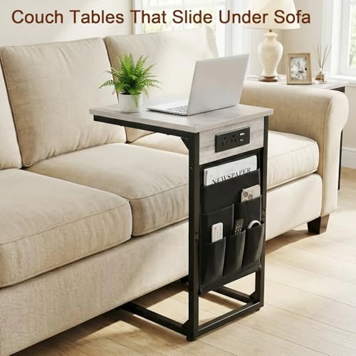 AMHANCIBLE C Shaped End Table with Charging Station, TV Tray Set of 2, Couch Tables with Storage Bag, Slide Under Sofa Side Table with USB Ports and Outlets for Living Room, Grey HET04CGY by AMHANCIBLE - Image 2