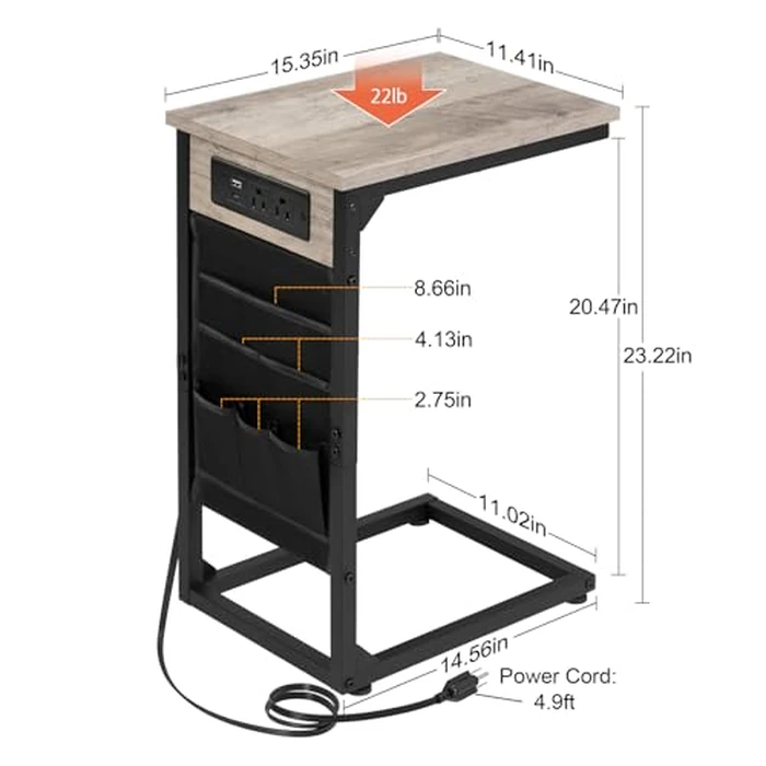 AMHANCIBLE C Shaped End Table with Charging Station, TV Tray Set of 2, Couch Tables with Storage Bag, Slide Under Sofa Side Table with USB Ports and Outlets for Living Room, Grey HET04CGY by AMHANCIBLE - Image 5