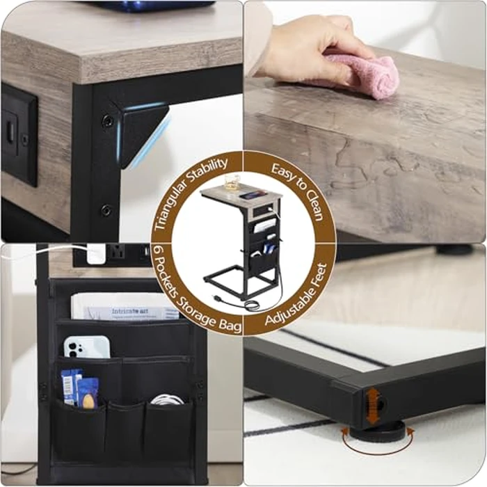 AMHANCIBLE C Shaped End Table with Charging Station, TV Tray Set of 2, Couch Tables with Storage Bag, Slide Under Sofa Side Table with USB Ports and Outlets for Living Room, Grey HET04CGY by AMHANCIBLE - Image 7