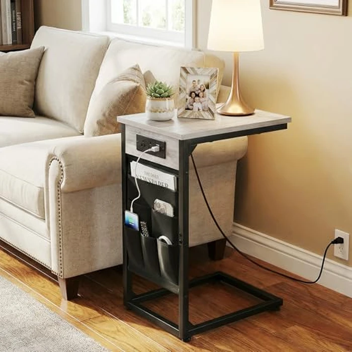 AMHANCIBLE C Shaped End Table with Charging Station, TV Tray Set of 2, Couch Tables with Storage Bag, Slide Under Sofa Side Table with USB Ports and Outlets for Living Room, Grey HET04CGY by AMHANCIBLE - Image 8