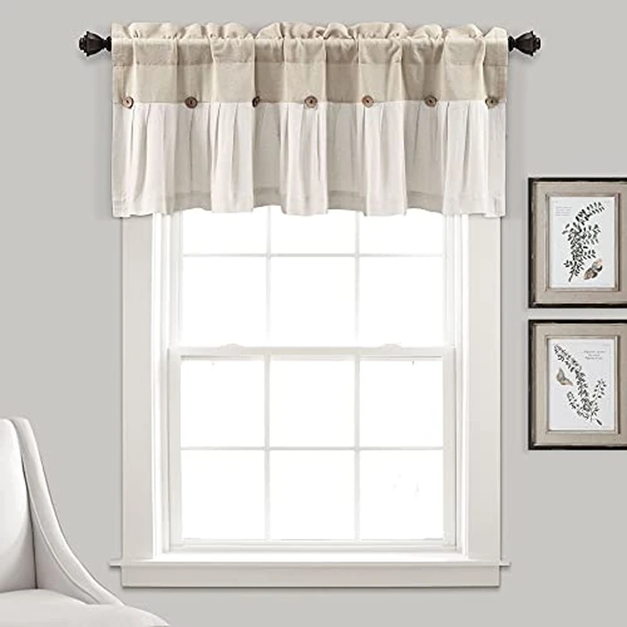 Lush Decor Linen Button Farmhouse Valance, 84" W x 18" L, Linen - Kitchen Curtains Valances, Rustic Color Block Design with Husk Button by Lush Decor - Used - Like New condition - CA$29.57