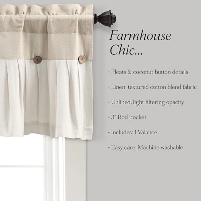 Lush Decor Linen Button Farmhouse Valance, 84" W x 18" L, Linen - Kitchen Curtains Valances, Rustic Color Block Design with Husk Button by Lush Decor - Image 6