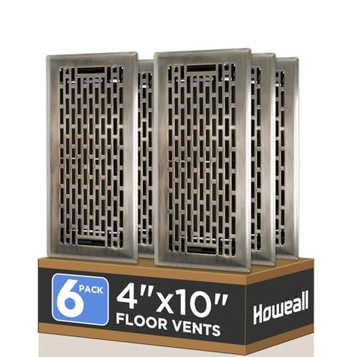 Howeall 4x10 Inches 6 Pack Heavy Duty Walkable Floor Register - Easy Adjust Air Supply Lever Decorative Floor Vent Covers, Boston Design Vent Covers for Home - Antique Brass by Howeall - Used - Like New condition