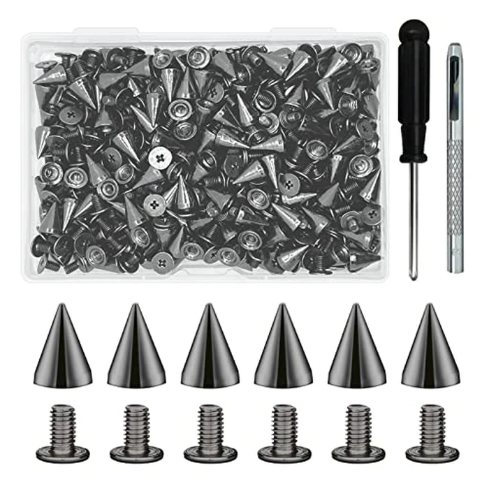 200 Sets 9.5mm Cone Spikes Metal Tree Spikes Screwback Studs for DIY Leathercraft Decoration Punk Rock Style Clothing Accessories (Gun Metal) by imsiboc - Used - Very Good condition