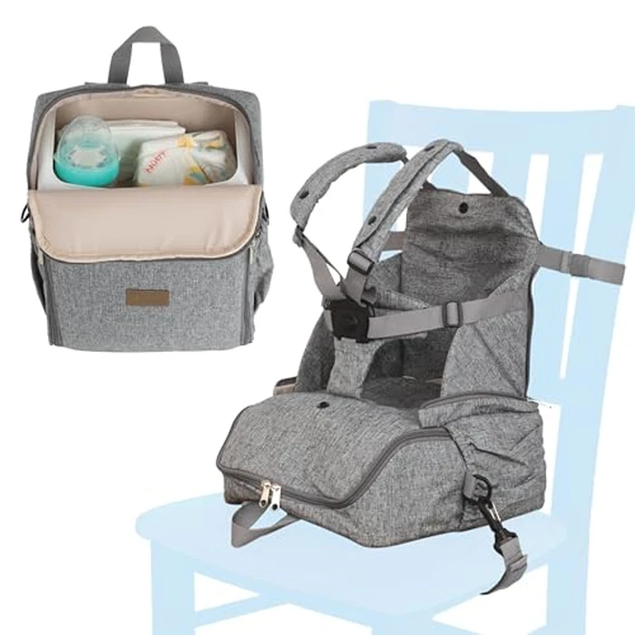 Nuby Easy Go 2-in-1 Backpack Booster Seat with 5-Point Safety Harness - Portable Travel Highchair - Holds Up to 55 lbs - 9+ Months - Gray by Nuby - Used - Very Good condition - US$33.73