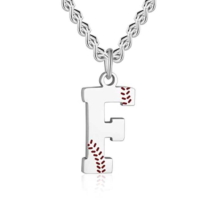 AIAINAGI Baseball Initial A-Z Letter Necklace for Men Baseball Charm Pendant Stainless Steel Silver Chain 22inch Personalized Gift for Men（F by AIAINAGI - Image 1
