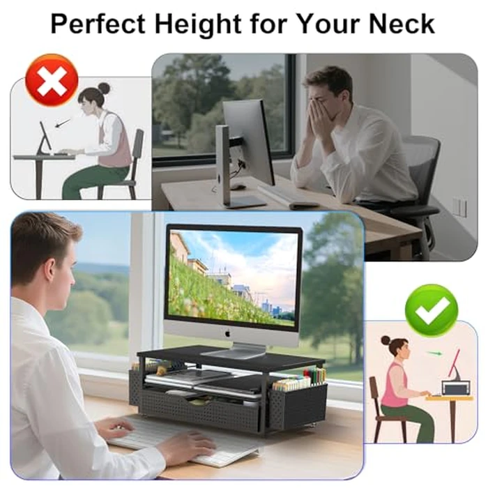 Spacrea Desk Organizer and Accessories, Computer Monitor Stand Riser with Drawer and 2 Pen Holders, Office Desk Accessories & Workspace Organizers for Office Supplies (Black) by Spacrea - Image 3