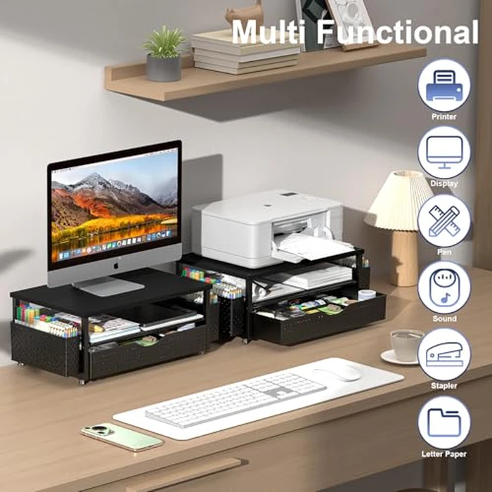 Spacrea Desk Organizer and Accessories, Computer Monitor Stand Riser with Drawer and 2 Pen Holders, Office Desk Accessories & Workspace Organizers for Office Supplies (Black) by Spacrea - Image 4