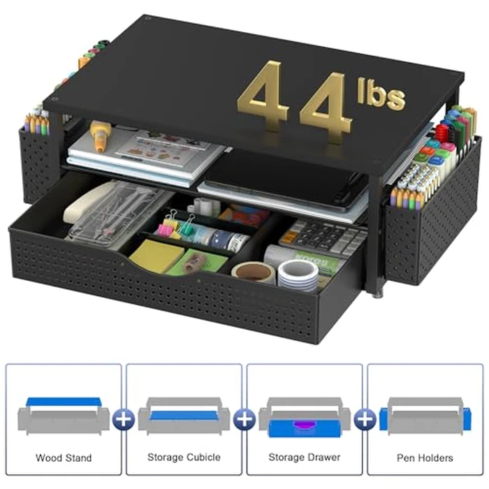 Spacrea Desk Organizer and Accessories, Computer Monitor Stand Riser with Drawer and 2 Pen Holders, Office Desk Accessories & Workspace Organizers for Office Supplies (Black) by Spacrea - Image 6