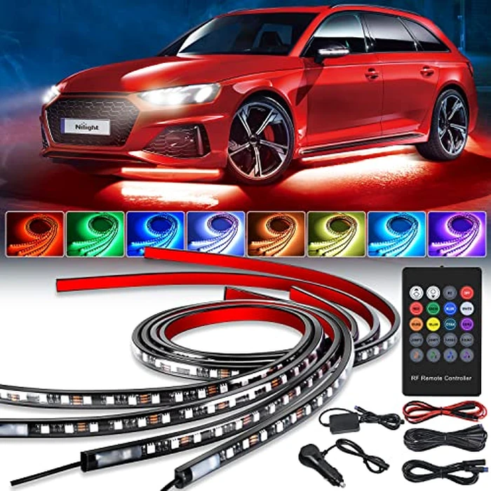 Nilight 4Pcs Car Underglow Neon Accent Strip Lights 252 LEDs RGB 8 Color Sound Active Function Music Mode with Wireless Remote Control Underbody Light Strips for Cars Van SUV Truck by Nilight - Image 1
