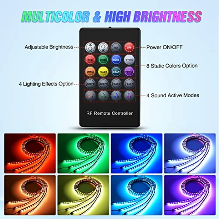 Nilight 4Pcs Car Underglow Neon Accent Strip Lights 252 LEDs RGB 8 Color Sound Active Function Music Mode with Wireless Remote Control Underbody Light Strips for Cars Van SUV Truck by Nilight - Image 3