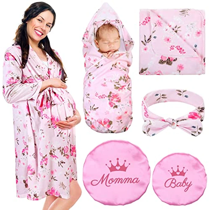 Mepase 5 Pcs Mommy and Me Hospital Matching Outfits Maternity Robe Swaddle Blanket Baby Girl Boys Headband Hat for Mom Baby(Light Pink,Medium) by Mepase - Used - Like New condition