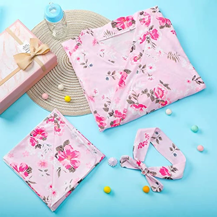 Mepase 5 Pcs Mommy and Me Hospital Matching Outfits Maternity Robe Swaddle Blanket Baby Girl Boys Headband Hat for Mom Baby(Light Pink,Medium) by Mepase - Image 7