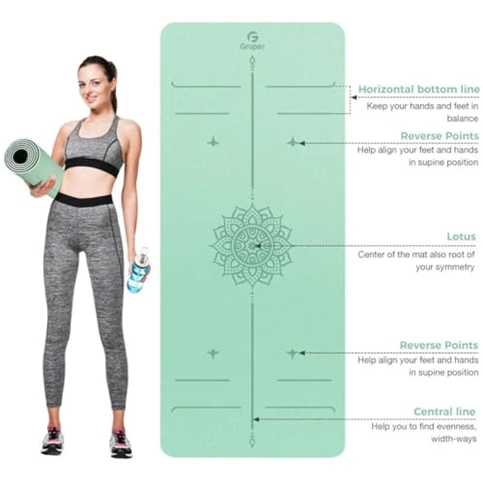 Yoga Mat Non Slip TPE Thick Yoga Mat with Alignment Mark, Large Size 72"L x 32"W x 0.32"Th or 0.24"Th, Anti-Tear Exercise & Fitness Mat for Yoga, Pilates & Floor Workouts (Green Black, Thickness-8mm) by Gruper - Image 2