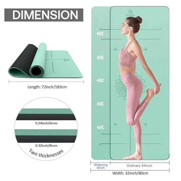 Yoga Mat Non Slip TPE Thick Yoga Mat with Alignment Mark, Large Size 72"L x 32"W x 0.32"Th or 0.24"Th, Anti-Tear Exercise & Fitness Mat for Yoga, Pilates & Floor Workouts (Green Black, Thickness-8mm) by Gruper - Image 3