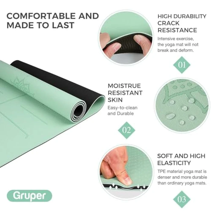 Yoga Mat Non Slip TPE Thick Yoga Mat with Alignment Mark, Large Size 72"L x 32"W x 0.32"Th or 0.24"Th, Anti-Tear Exercise & Fitness Mat for Yoga, Pilates & Floor Workouts (Green Black, Thickness-8mm) by Gruper - Image 5